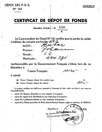 Certificat de dpot de fonds d'un PGA